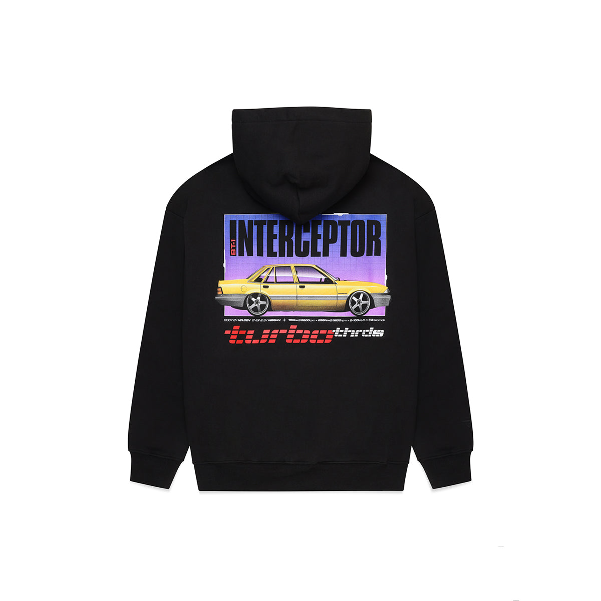 Turbo Threads Black Box Fit Hoodie with Interceptor text, red turbo threads logo and yellow Holden VL model
