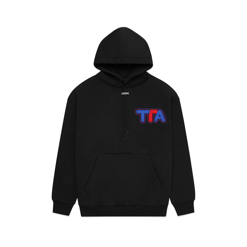 Turbo Threads Black Box Fit Hoodie with blue and red turbo threads logo