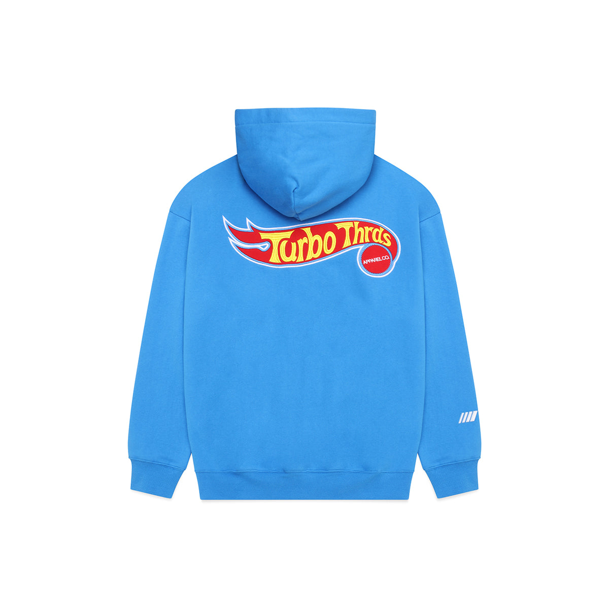 Turbo Threads French Blue Box Fit Hoodie with red and yellow Hot Wheels inspired logo