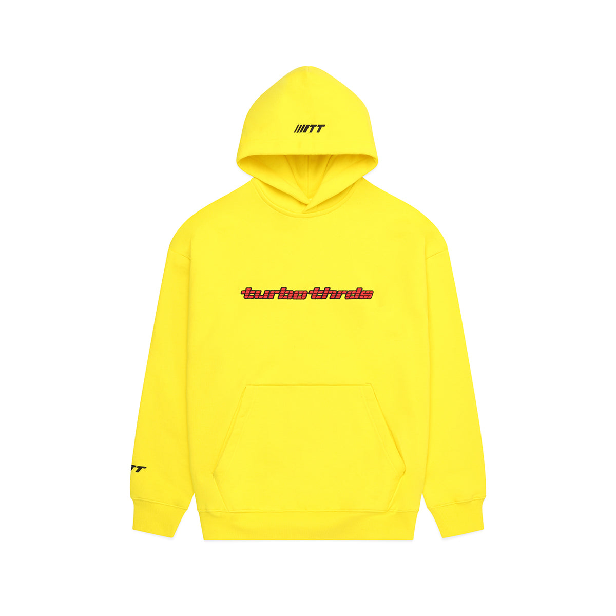 Turbo Threads Yellow Box Fit Hoodie with red turbo threads logo 