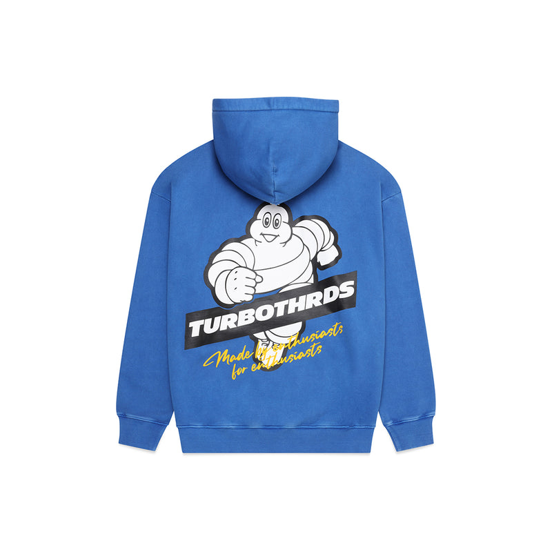 Turbo Threads Pigment Blue Box Fit Hoodie with white Michelin Man inspired Turbo Threads logo