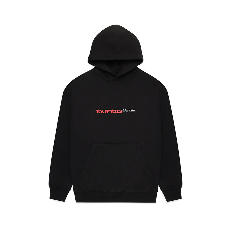 Turbo Threads Black Box Fit Hoodie with red and white turbo threads logo