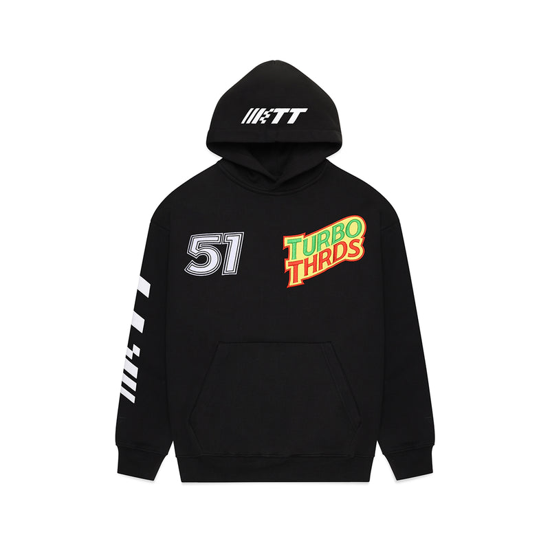 Turbo Threads Black Box Fit Hoodie with red, green & yellow Days Of Thunder inspired logo and visuals. 