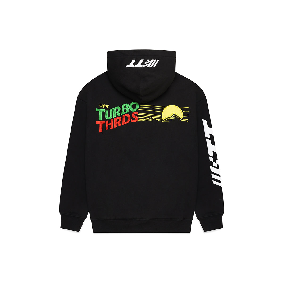 Turbo Threads Black Box Fit Hoodie with red, green & yellow Days Of Thunder inspired logo and visuals. 