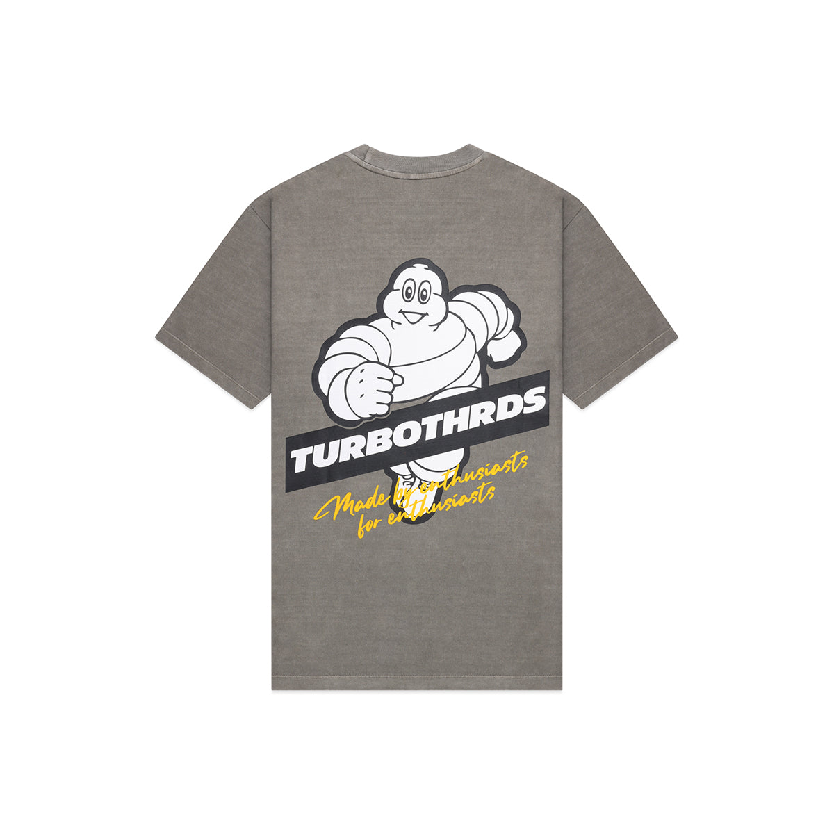 Turbo Threads Pigment Brindle Box Fit Tee with white Michelin Man inspired Turbo Threads logo