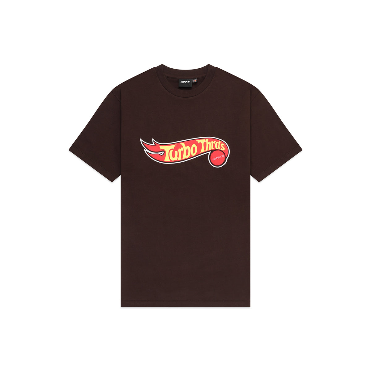 Turbo Threads Coffee Box Fit Tee with red and yellow Hot Wheels inspired logo
