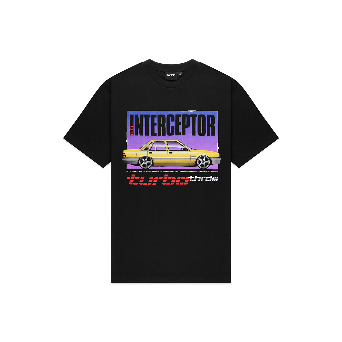 Turbo Threads Black Box Fit Tee with Interceptor text, red turbo threads logo and yellow Holden VL model