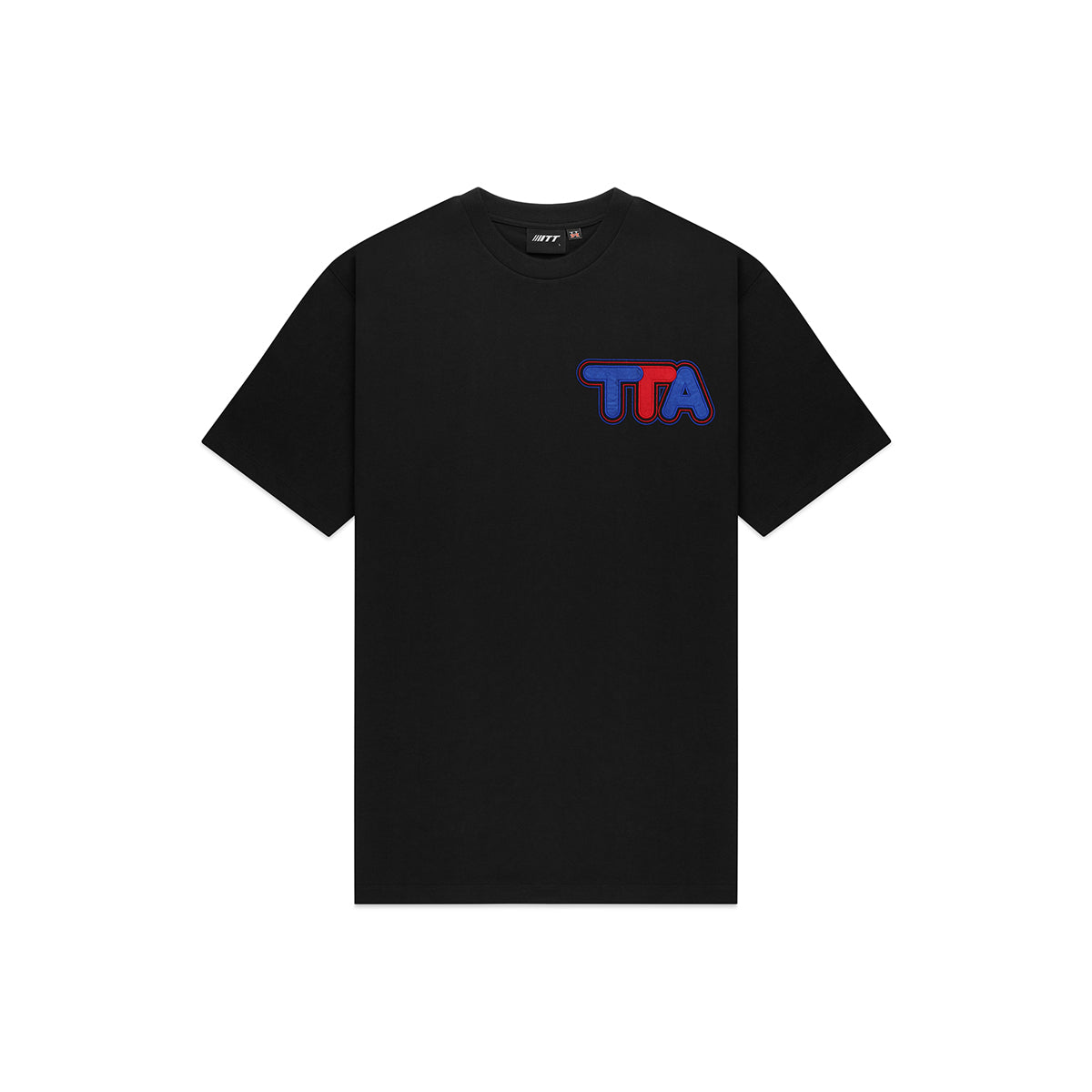 Turbo Threads Black Box Fit Tee with blue and red turbo threads logo