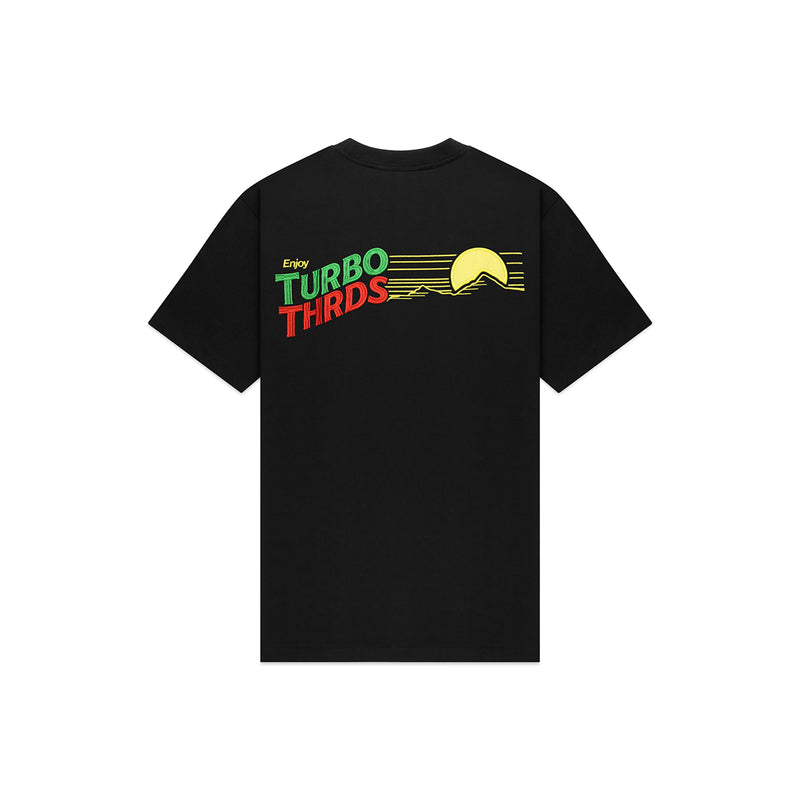 Turbo Threads Black Box Fit Tee with red, green & yellow Days Of Thunder inspired logo and visuals. 