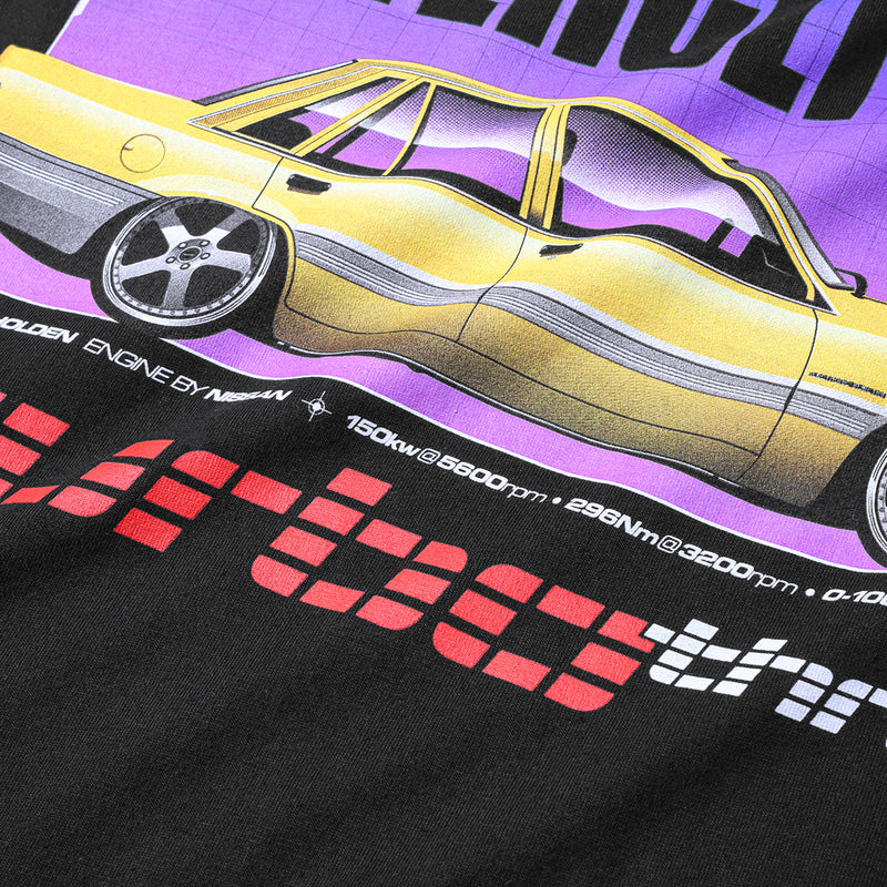 Close up of Turbo Threads Black Box Fit Tee with red turbo threads logo and yellow Holden VL model