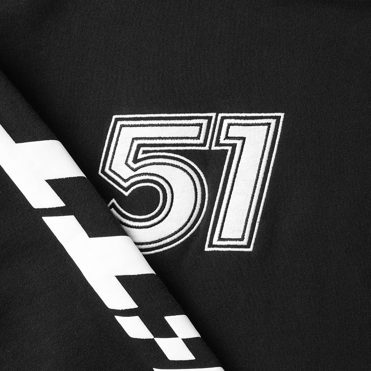 Close up image of Turbo Threads Black Box Fit Hoodie with white '51' Days Of Thunder inspired graphic.