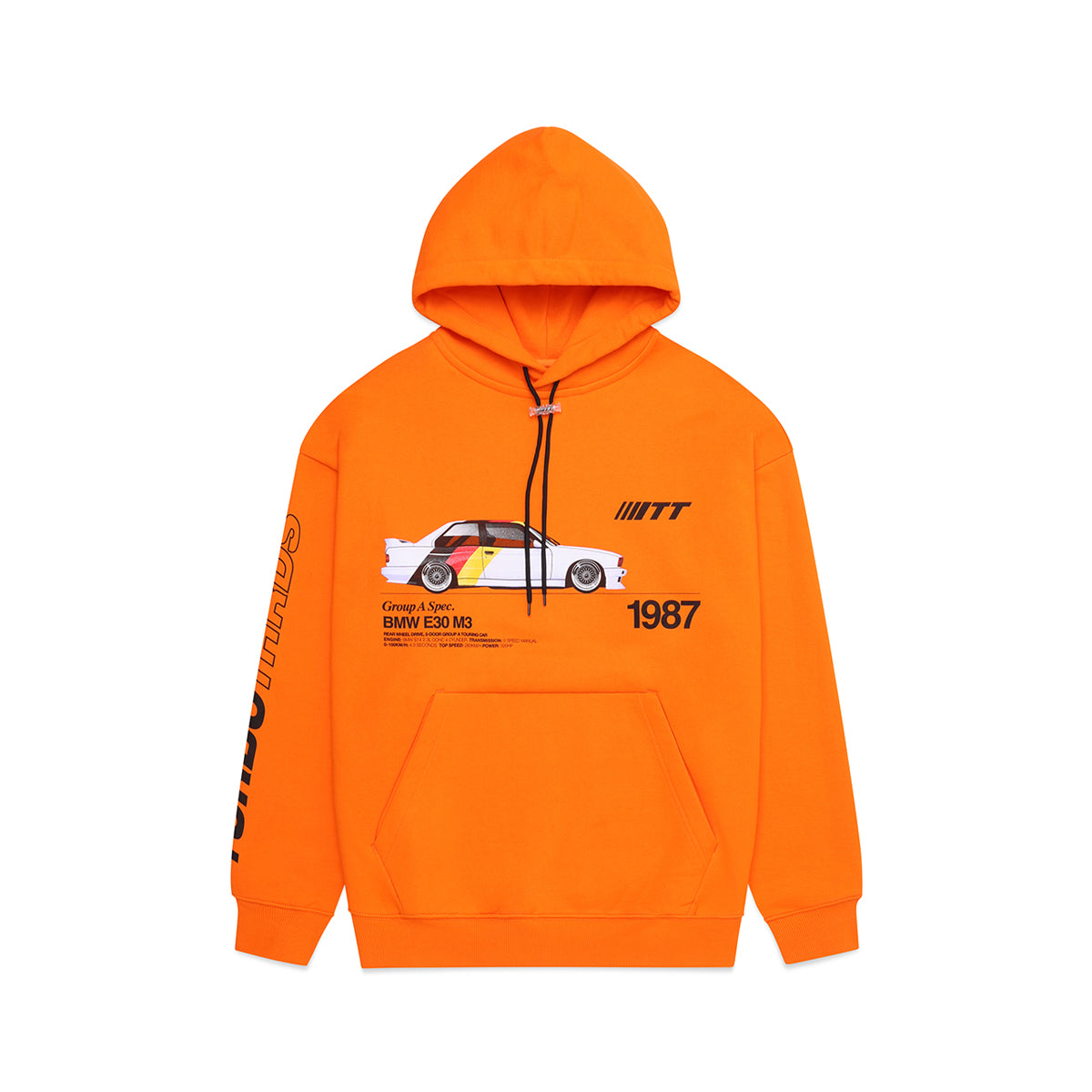 Turbo Threads scarlet orange standard fit hoodie with a BMW E30 M3 graphic and black TT logo on sleeve