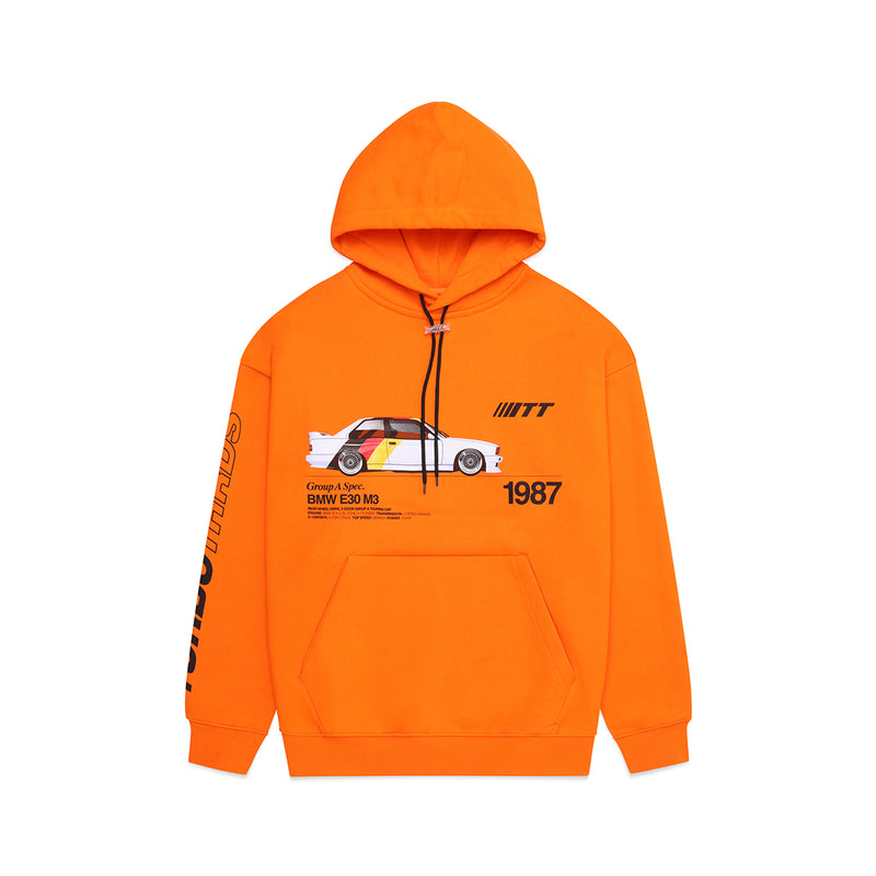 Turbo Threads scarlet orange standard fit hoodie with a BMW E30 M3 graphic and black TT logo on sleeve